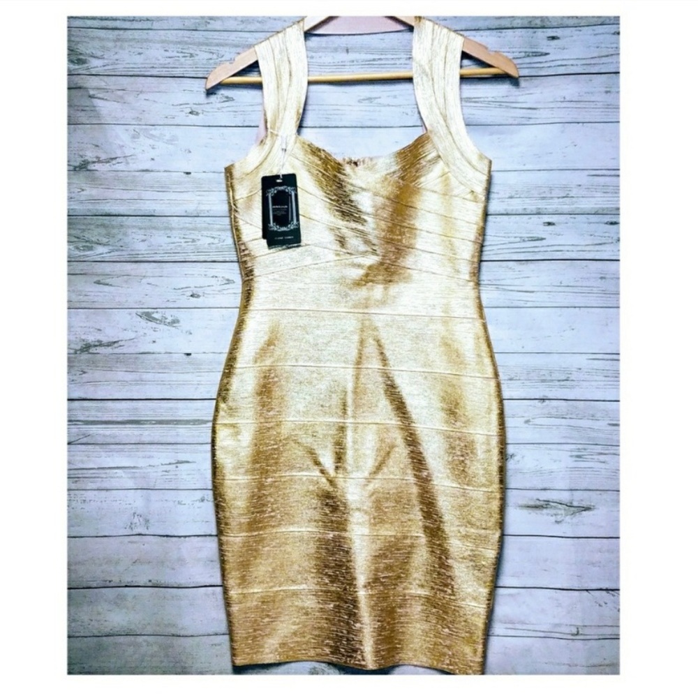CELEBRITY STYLE Gold Foil Print Bandage Dress